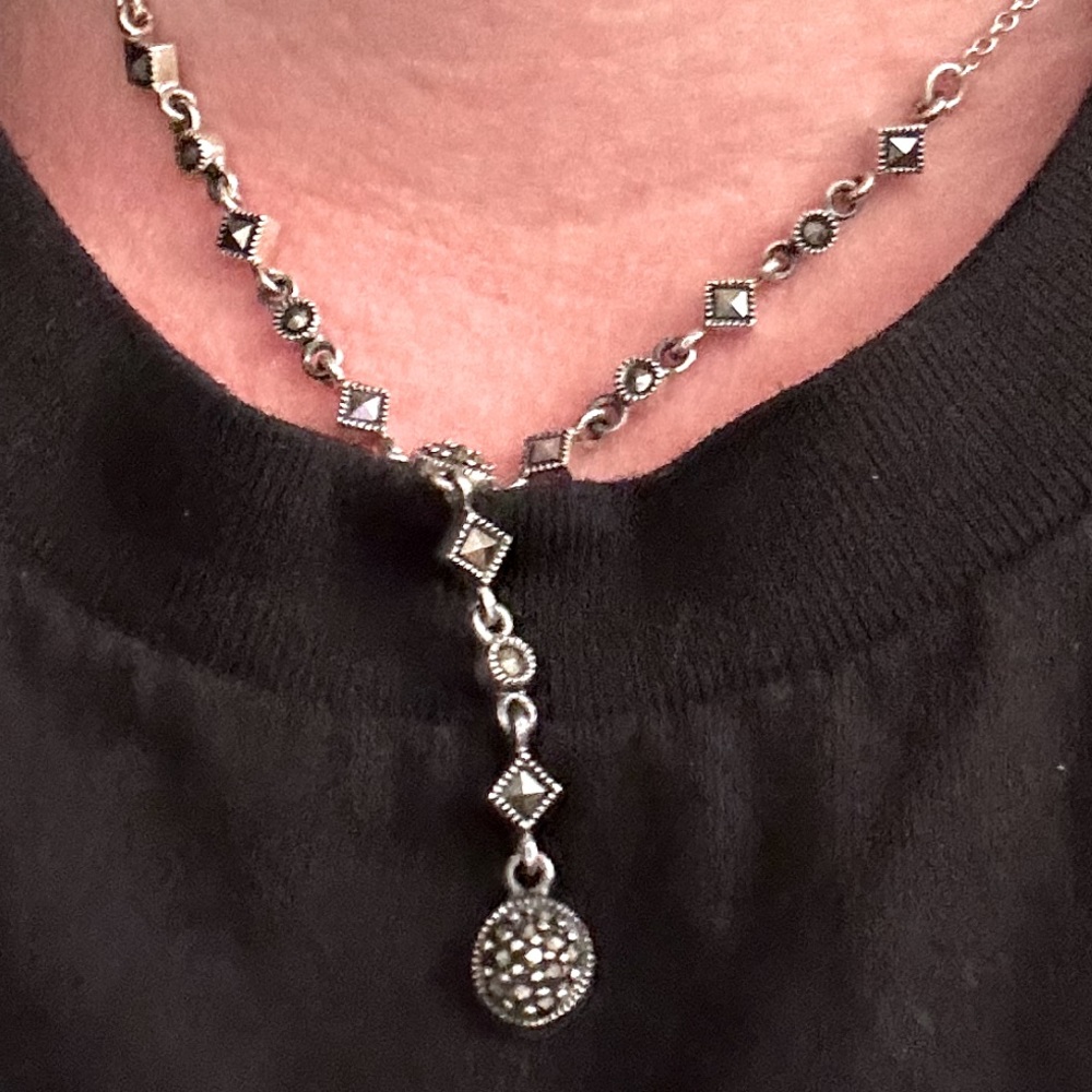 Victorian Art Deco Sterling Silver faceted Marcasite accented Lavaliere Y